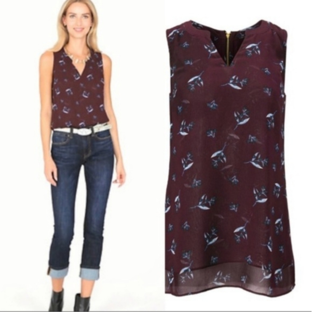 Cabi Icy Floral Bouquet Blouse Maroon Sleeveless Tank Layered Size Small Women's